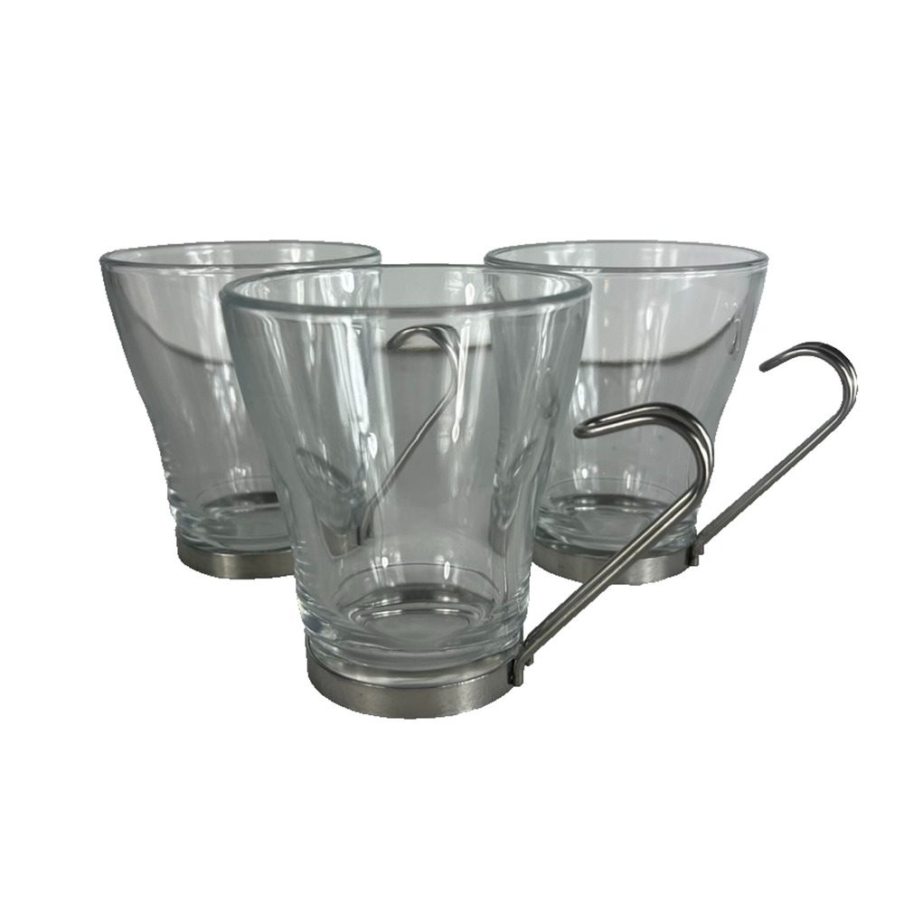 Vintage Bormioli Rocco Vitrosa Cappuccino Cups Wire Handle Tempered Glass Italy